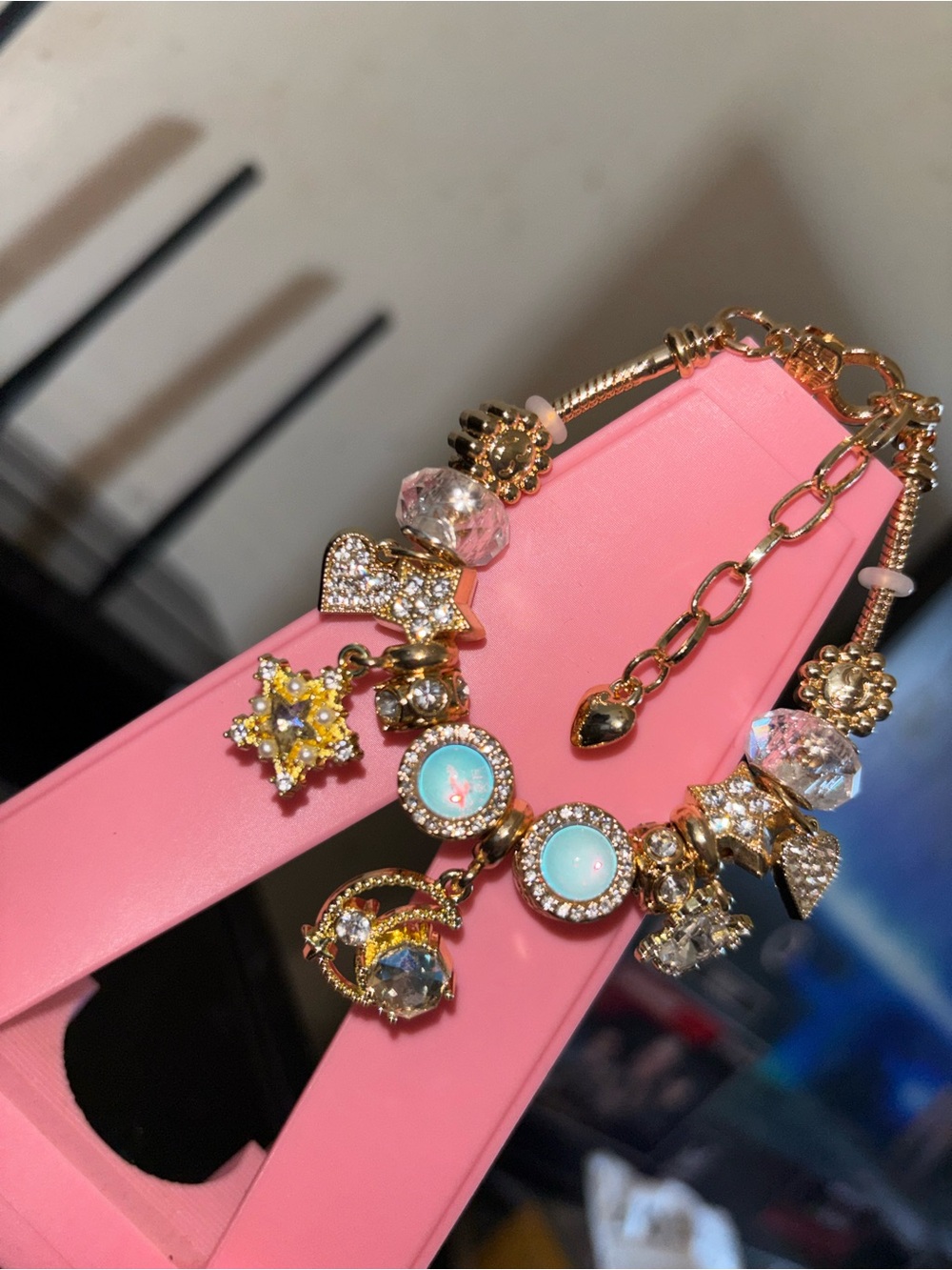 Gold Charm Bracelet with Pink and Aqua Accents
